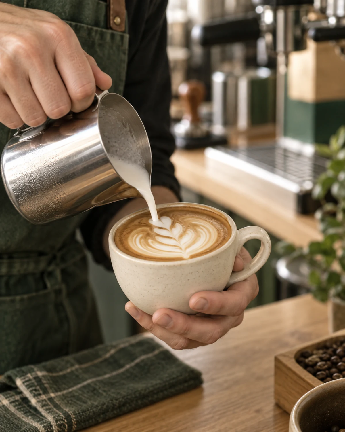 Krem fincana süt dökerek latte art hazırlayan eller